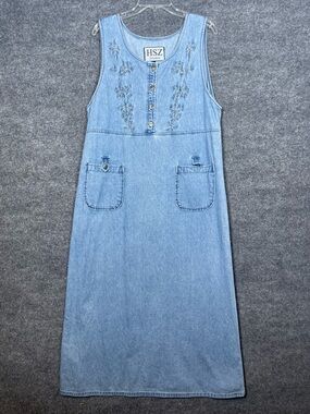 HSZ Womens XL Floral Embroidered Country Cowgirl Denim Midi Dress VTG Teacher